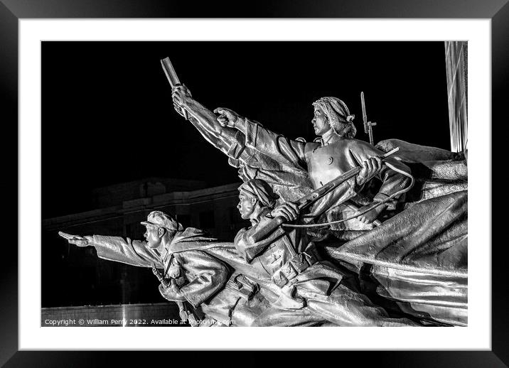 Black White Mao Zedong Statue Zhongshan Shenyang China Night Framed Mounted Print by William Perry