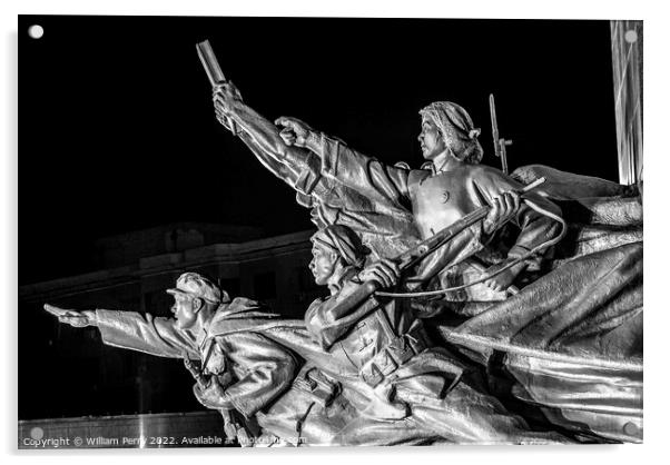 Black White Mao Zedong Statue Zhongshan Shenyang China Night Acrylic by William Perry