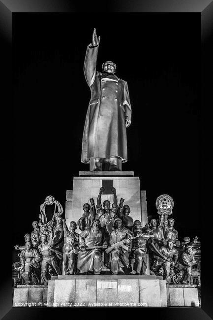 Black White Mao Statue Zhongshan Square Shenyang China Night Framed Print by William Perry