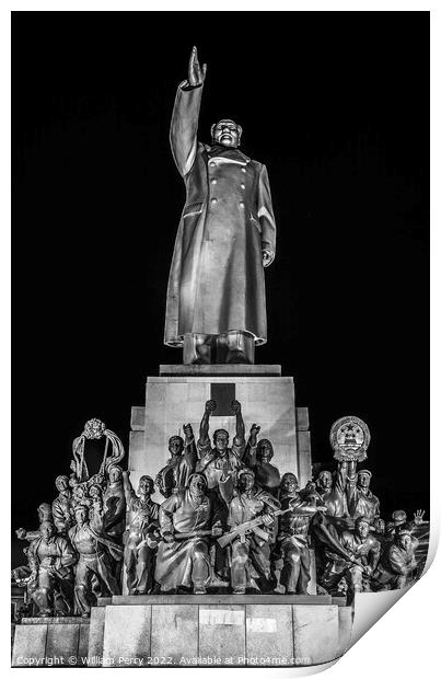 Black White Mao Statue Zhongshan Square Shenyang China Night Print by William Perry