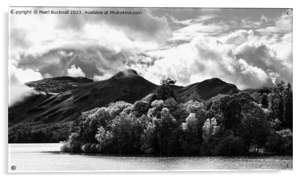 Cat Bells Across Derwentwater Black and White Acrylic by Pearl Bucknall