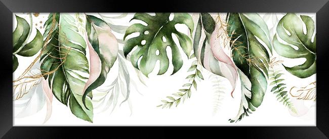 Green and blush tropical leaves on white background. Watercolor hand painted seamless border. Floral tropic illustration. Jungle foliage pattern. Framed Print by ANASS SODKI