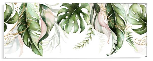 Green and blush tropical leaves on white background. Watercolor hand painted seamless border. Floral tropic illustration. Jungle foliage pattern. Acrylic by ANASS SODKI