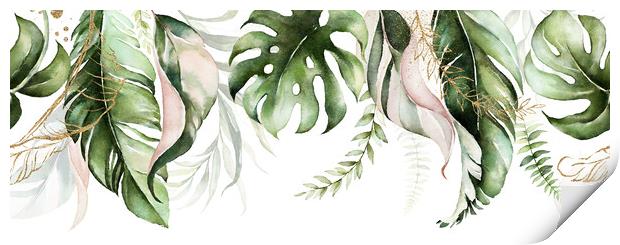 Green and blush tropical leaves on white background. Watercolor hand painted seamless border. Floral tropic illustration. Jungle foliage pattern. Print by ANASS SODKI
