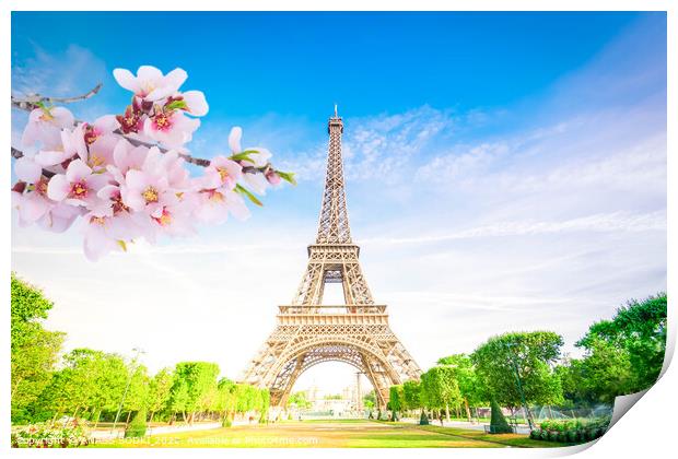Paris Eiffel Tower over green grass lane and trees in Paris, France. Eiffel Tower is one of the most iconic landmarks of Paris at spring Print by ANASS SODKI