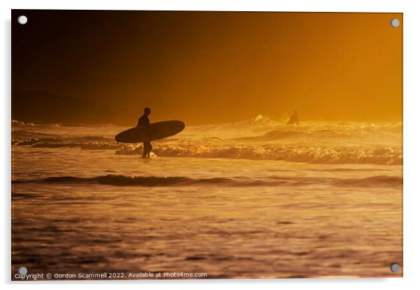 A sundowner surfing session at Fistral in Newquay, Acrylic by Gordon Scammell