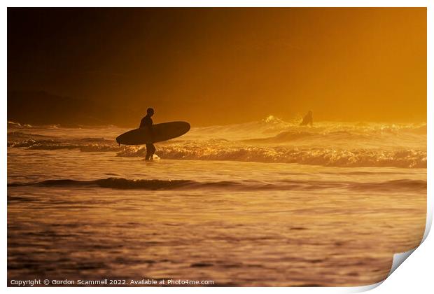 A sundowner surfing session at Fistral in Newquay, Print by Gordon Scammell
