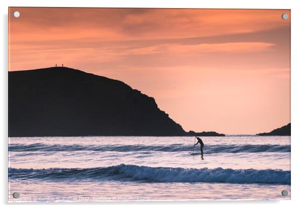 Evening light over a paddle boarder in Fistral Bay Acrylic by Gordon Scammell