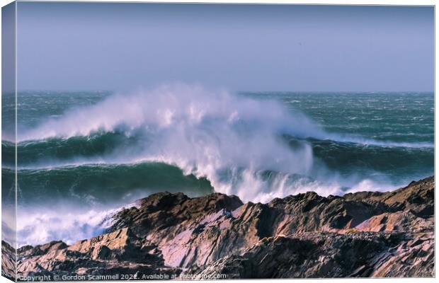 Waves breaking on the Cribbar Reef at Towan head i Canvas Print by Gordon Scammell
