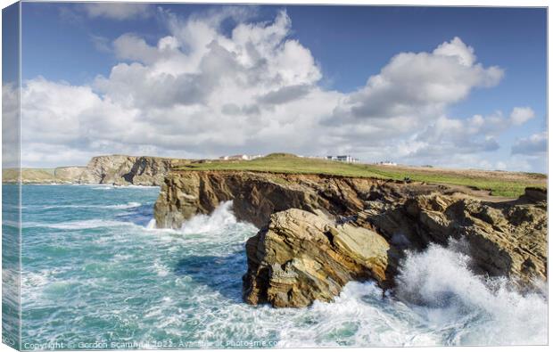 Waves and the rugged coast near Porth in North Cor Canvas Print by Gordon Scammell