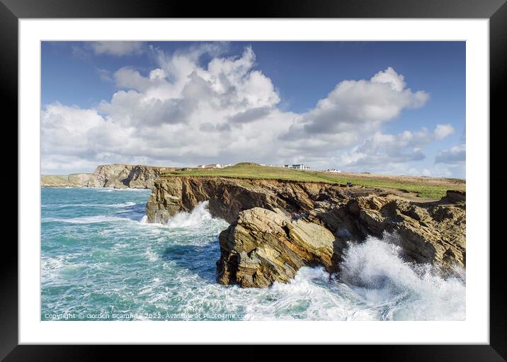 Waves and the rugged coast near Porth in North Cor Framed Mounted Print by Gordon Scammell