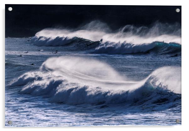 Wild waves in Fistral Bay in Newquay, Cornwall. Acrylic by Gordon Scammell