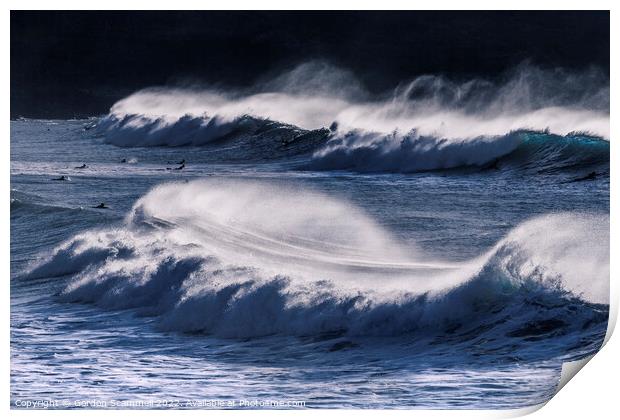 Wild waves in Fistral Bay in Newquay, Cornwall. Print by Gordon Scammell