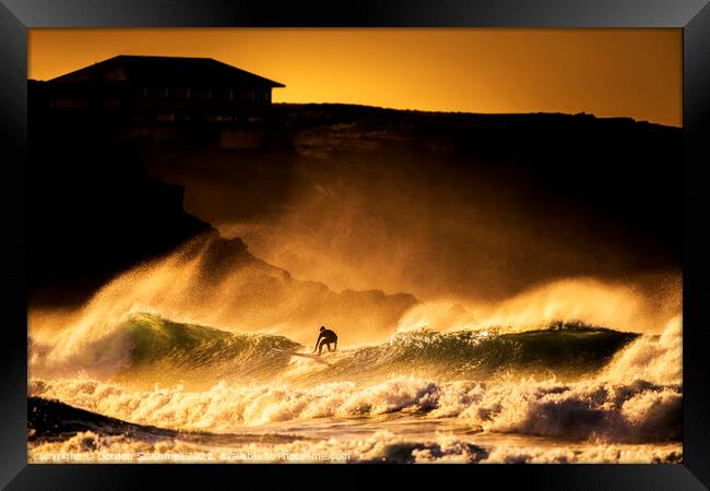 Surfing in wild seas during a golden sunset at Fis Framed Print by Gordon Scammell