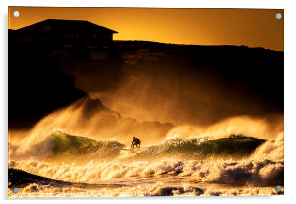 Surfing in wild seas during a golden sunset at Fis Acrylic by Gordon Scammell