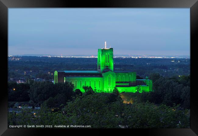 Guildford Cathedral Illuminated Green Framed Print by Sarah Smith