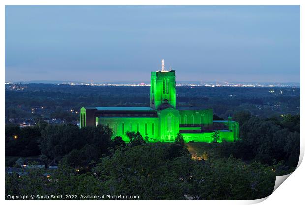 Guildford Cathedral Illuminated Green Print by Sarah Smith