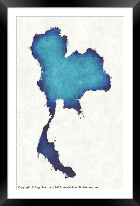 Thailand map with drawn lines and blue watercolor illustration Framed Mounted Print by Ingo Menhard