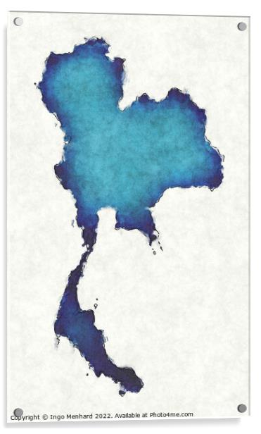 Thailand map with drawn lines and blue watercolor illustration Acrylic by Ingo Menhard