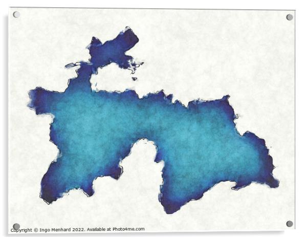 Tajikistan map with drawn lines and blue watercolor illustration Acrylic by Ingo Menhard