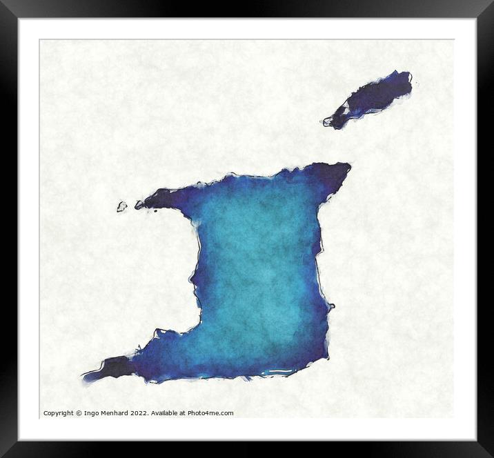 Trinidad and Tobago map with drawn lines and blue watercolor ill Framed Mounted Print by Ingo Menhard