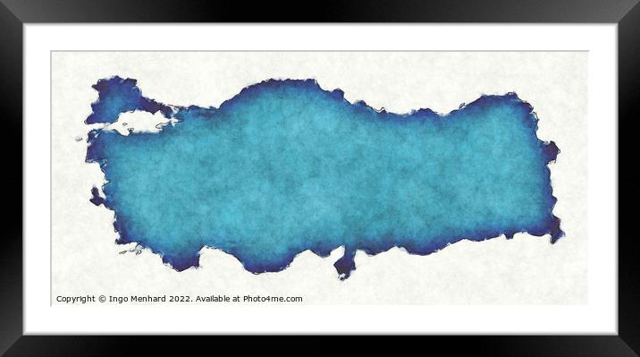 Turkey map with drawn lines and blue watercolor illustration Framed Mounted Print by Ingo Menhard