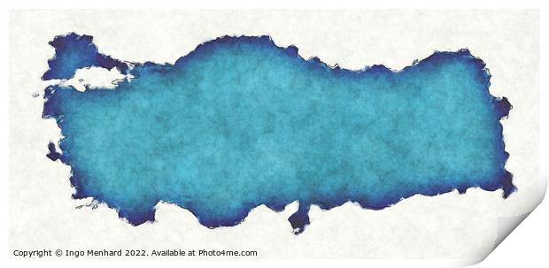 Turkey map with drawn lines and blue watercolor illustration Print by Ingo Menhard