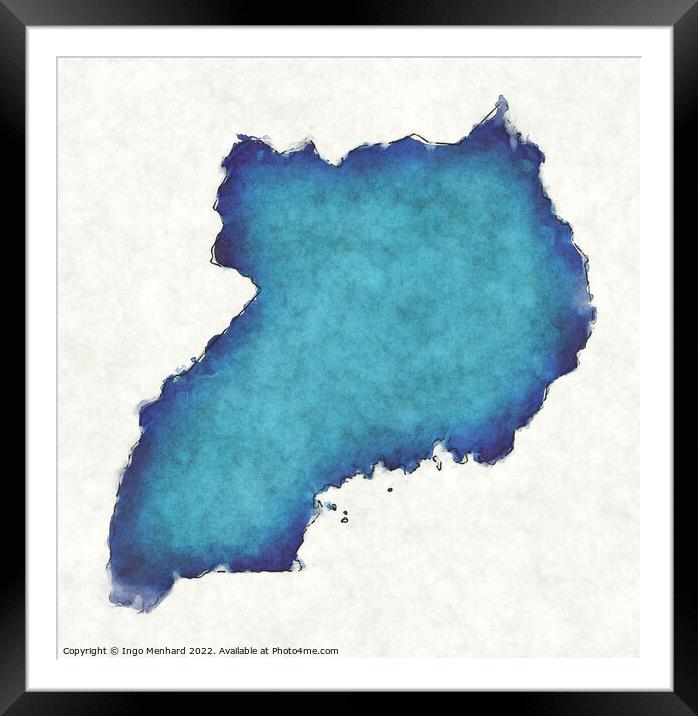 Uganda map with drawn lines and blue watercolor illustration Framed Mounted Print by Ingo Menhard