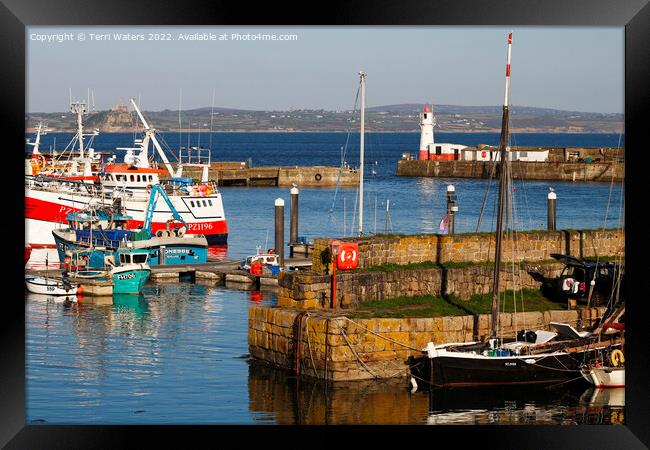 Newlyn South Pier Lighthouse and St Michael's Mount Framed Print by Terri Waters