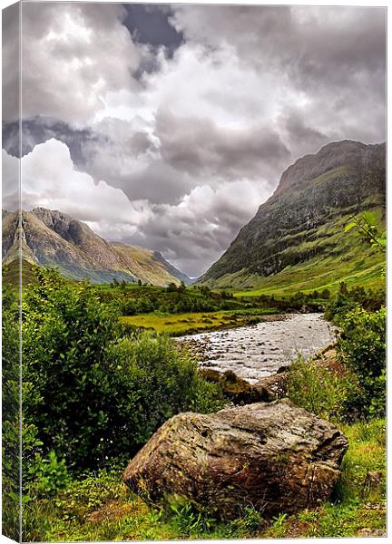 Looking along the River Coe to Glencoe Canvas Print by Jacqi Elmslie