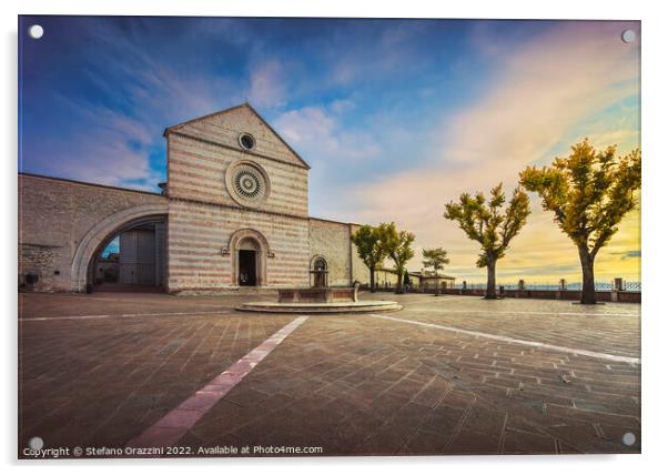 Assisi, Santa Chiara Basilica church at sunset. Um Acrylic by Stefano Orazzini