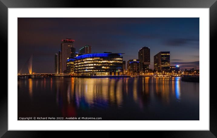 Salford Quay Night Reflections Framed Mounted Print by Richard Perks