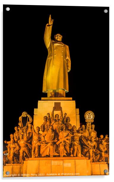 Mao Statue Heroes Zhongshan Square Shenyang China Night Acrylic by William Perry