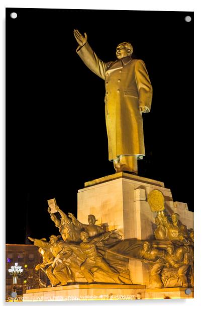 Mao Heroes Statue Zhongshan Square Shenyang China Night Acrylic by William Perry