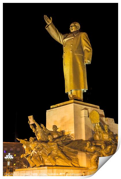 Mao Heroes Statue Zhongshan Square Shenyang China Night Print by William Perry