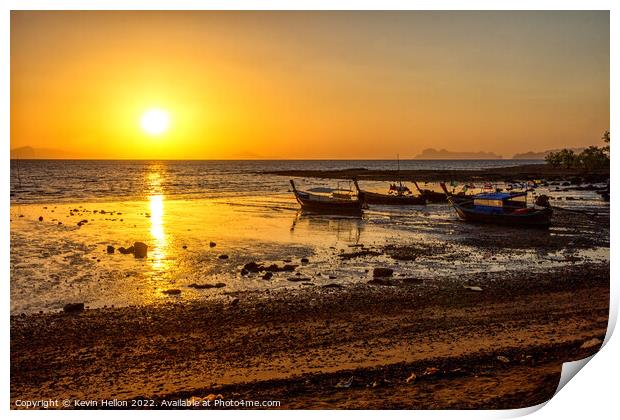 Long tail boats at sunrise, Print by Kevin Hellon