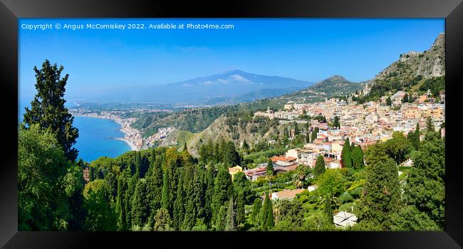 Taormina with Mount Etna in background, Sicily Framed Print by Angus McComiskey