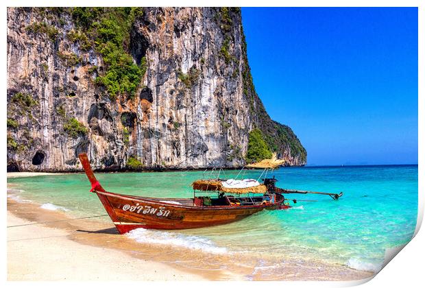 Traditional long tail fishing boat beached on Koh Lao Liang, Tra Print by Kevin Hellon