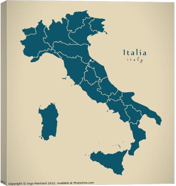 Modern Map - Italia with regions IT Canvas Print by Ingo Menhard