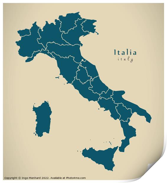 Modern Map - Italia with regions IT Print by Ingo Menhard