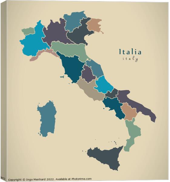 Modern Map - Italia with regions colored IT Canvas Print by Ingo Menhard