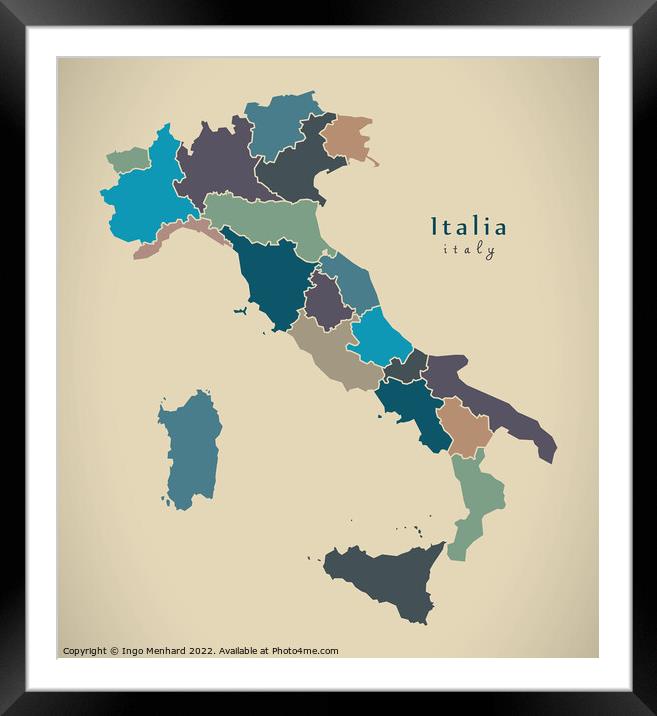 Modern Map - Italia with regions colored IT Framed Mounted Print by Ingo Menhard