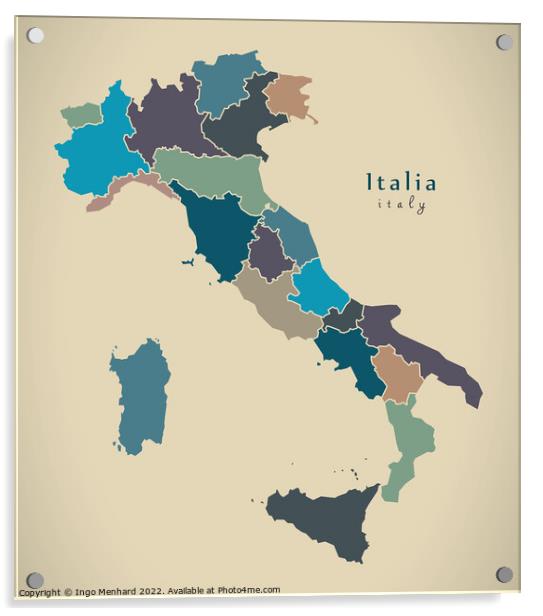 Modern Map - Italia with regions colored IT Acrylic by Ingo Menhard