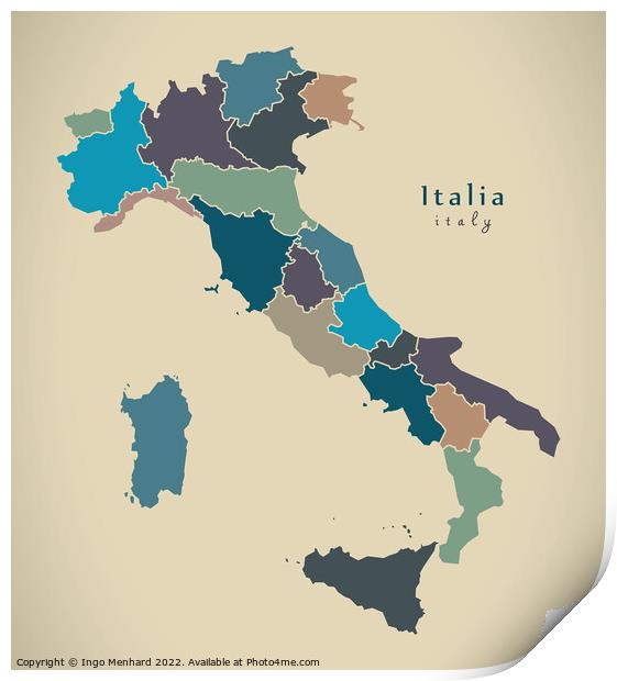 Modern Map - Italia with regions colored IT Print by Ingo Menhard