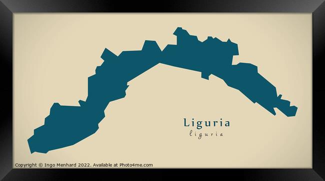 Modern Map - Liguria IT Italy Framed Print by Ingo Menhard
