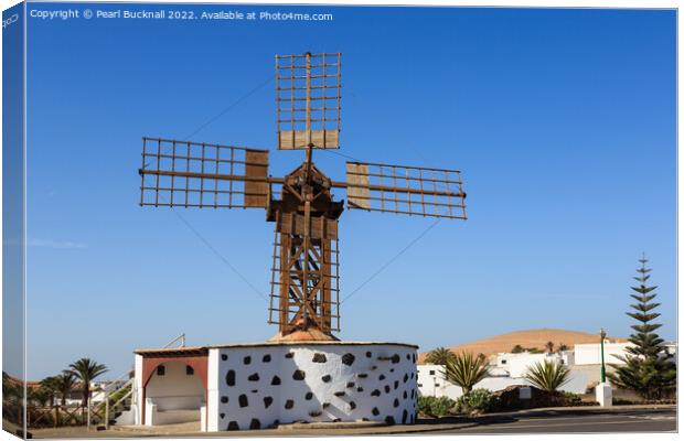 Wooden Windmill in Teguise Lanzarote Canvas Print by Pearl Bucknall