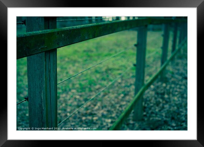 Low angle shot of an old wooden fence in a field at dawn in autumn Framed Mounted Print by Ingo Menhard