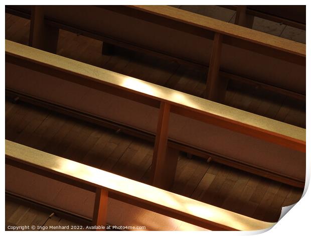 High angle shot of church pews with a sunlight Print by Ingo Menhard