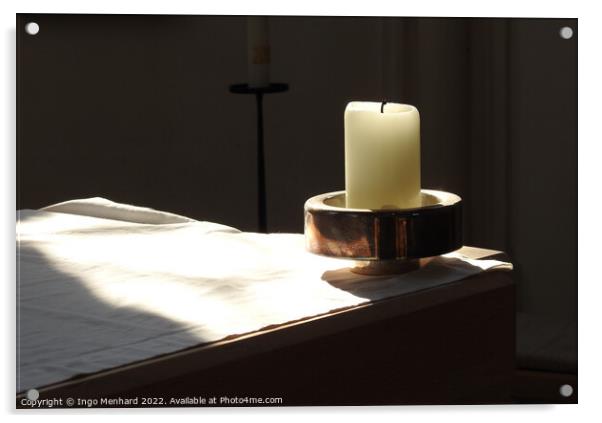 A closeup shot of a candle in the candle holder on the white cloth under the sunbeams Acrylic by Ingo Menhard
