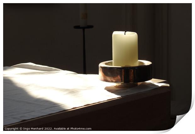 A closeup shot of a candle in the candle holder on the white cloth under the sunbeams Print by Ingo Menhard